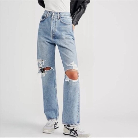 Agolde Denim - Agolde 90s Mid Rise Loose Fit Straight Distressed‎ Blown Out Knee Jeans Sz 25